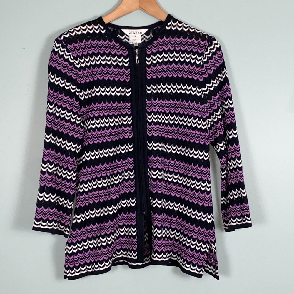 Exclusively Misook Cardigan Sweater Womens Medium Purple Black Full Zip Chevron